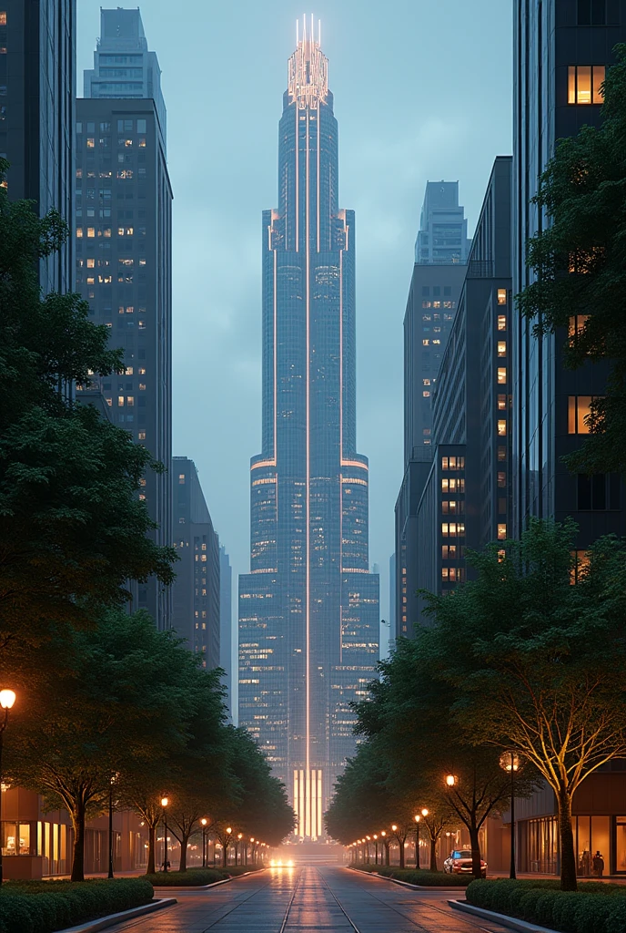 ly tall city hall, taller than everything else, multiple buildings, birdseye view ,art deco design,streamline moderne,futuristic architecture, Abstraction,modern style,Luxury and Luxury,Future night view,Futuristic decorative elements,Metallic,number line,sci-fi lamp,Virtual Engine,Unreal rendering, neon lights, greenery, greenery on buildings, eco friendly,