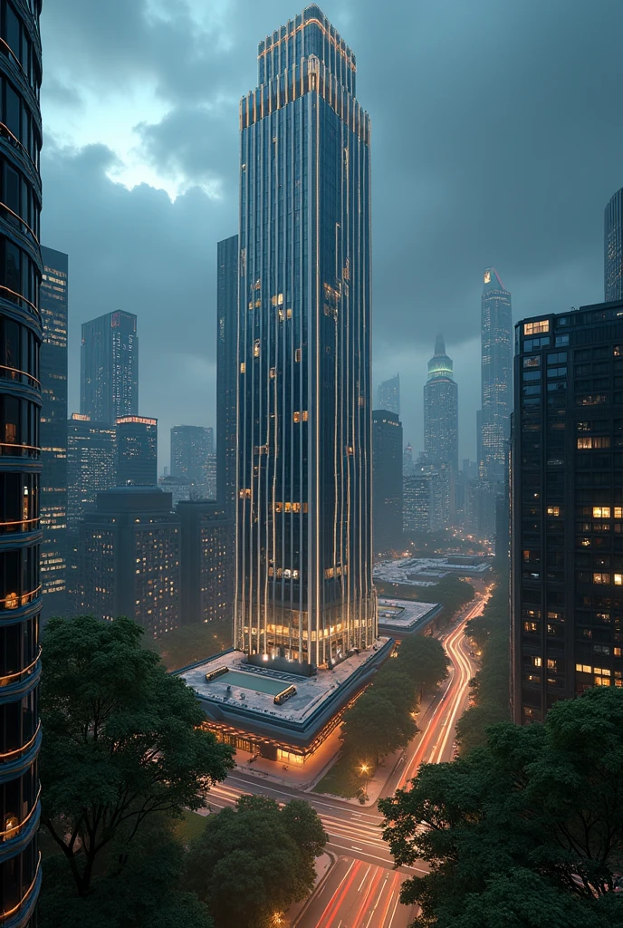 ly tall city hall, taller than everything else, multiple buildings, birdseye view ,art deco design，streamline moderne，futuristic architecture, Abstraction，modern style，Luxury and Luxury，Future night view，Futuristic decorative elements，Metallic，number line，sci-fi lamp，Virtual Engine，Unreal rendering, neon lights, greenery, greenery on buildings, eco friendly,