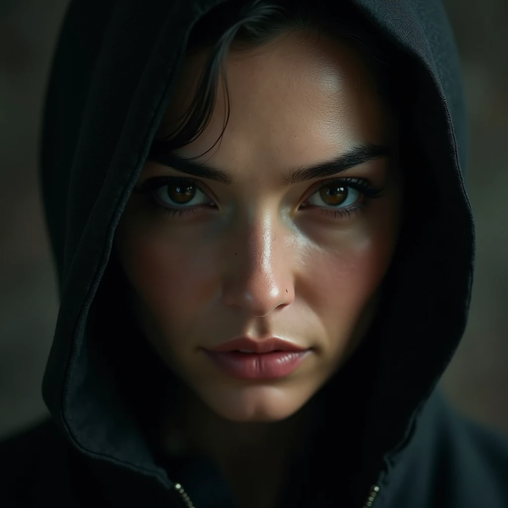 Using the six most commonly used texture maps , closeup image of a woman, brave and courageous, create an atmosphere of mystery, add an expression on her face to match the theme, diffuse all the colours