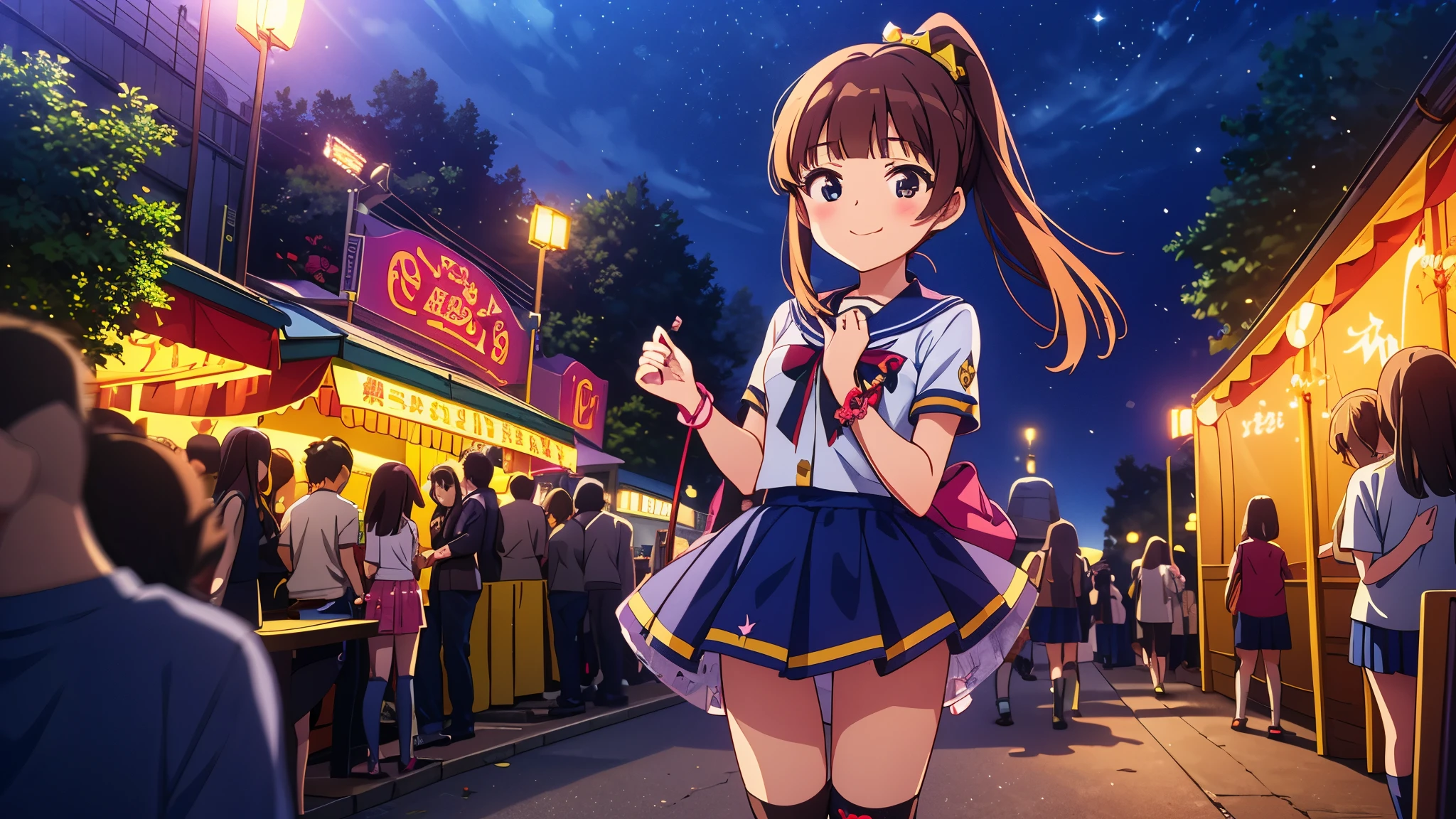 {Of the highest quality], [Super beautiful], [Ultra Fine], [best illustration], NSFW,Brown hair, hime cut, by the width, with bangs, Girl,high school student,uniform,tissue,short sleeve,Skirt,smile, blush, Thin women, adult women,standing posture,(public),night park,summer festival,diagonal, Navy Blue Knee High Socks,black bread