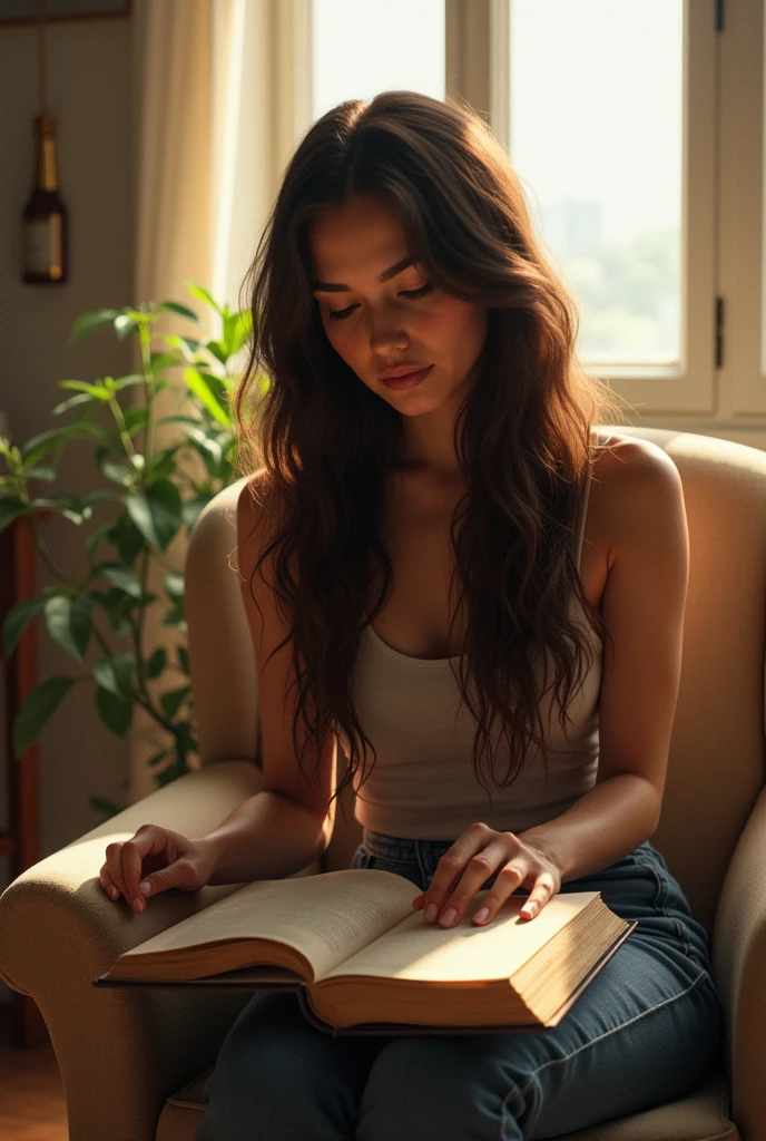 A Brazilian woman, Long brown hair, sitting on a chair, writing in a book on the table in his room, Um dia de Sol, your window is open