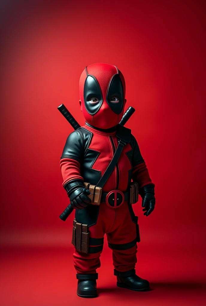 high resolution、Superior image quality、Top-notch image quality、Maximum quality、in 8K、real live action、realisitic、Raw photo、Masterpiece artwork、tabletop、professional lighting、realisitic background、((2 years))、standing、、cute (fantasia de fantasia de deadpool da marvel))、、, face and head with mask、mascara 、((closing the eye)), ((work of art), (best qualityer), (CRU photo), (fotorrealisitic:1.4), Foto altamente realisitic, Portrait of a , 1 yearscara deadpool, glare eyes, wearing a marvel deadpool costume, detailed clothing, The light from above shines down, (background red), photo taken in 1975 by Fujifilm XT3