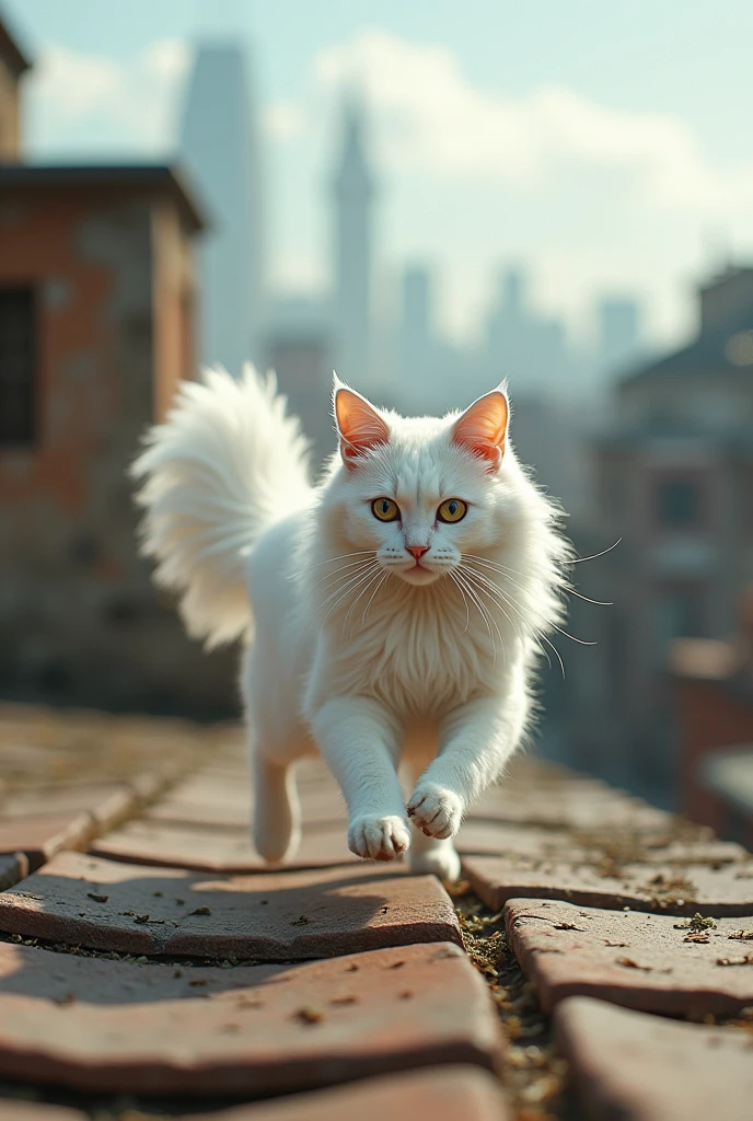 A picture of a white gemoy cat running on the roof