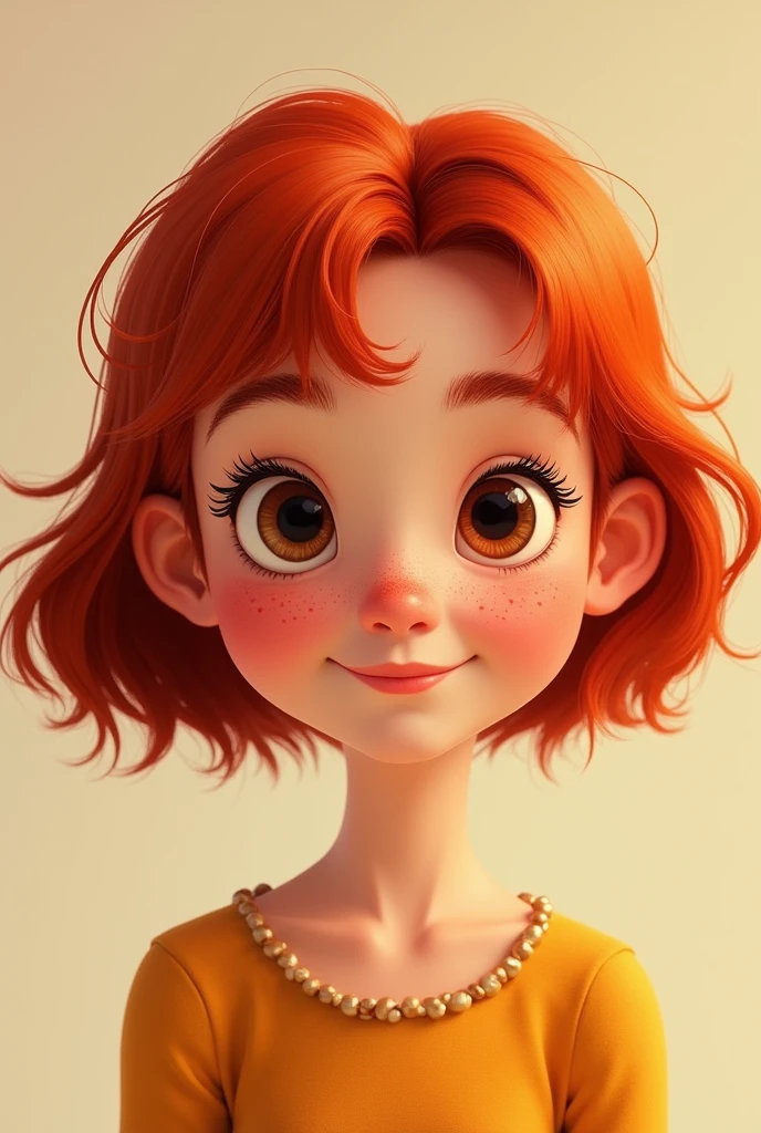 red-haired woman , com rosto redondo , with short hair and bangs , dark eyes and freckles ,disney pixar style