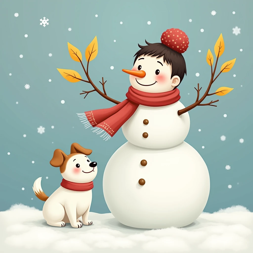 A girl turned into a snowman,Snow white all over,gradually freezing,Yellow leaves,Red scarf,A smile appeared on the corner of his mouth,There is also a cute little dog next to it
