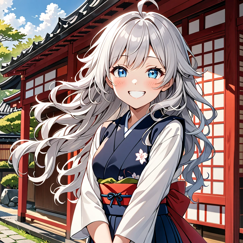 woman, happy, smiling, wink, looking at viewer, ahoge, wavy hair, silver hair, blue eyes, slant eyes, tall, slim, hakama, japanese