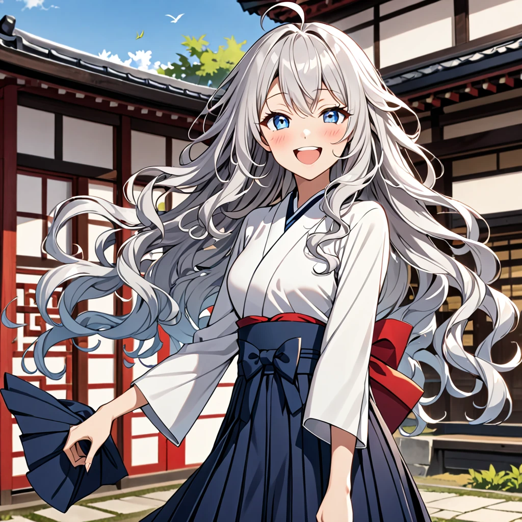 woman, happy, smiling, wink, looking at viewer, ahoge, wavy hair, silver hair, blue eyes, slant eyes, tall, slim, hakama, japanese