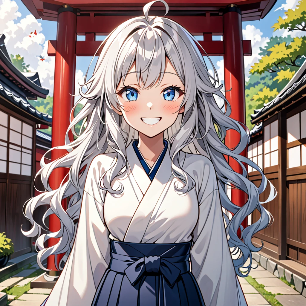 woman, happy, smiling, wink, looking at viewer, ahoge, wavy hair, silver hair, blue eyes, slant eyes, tall, slim, hakama, japanese