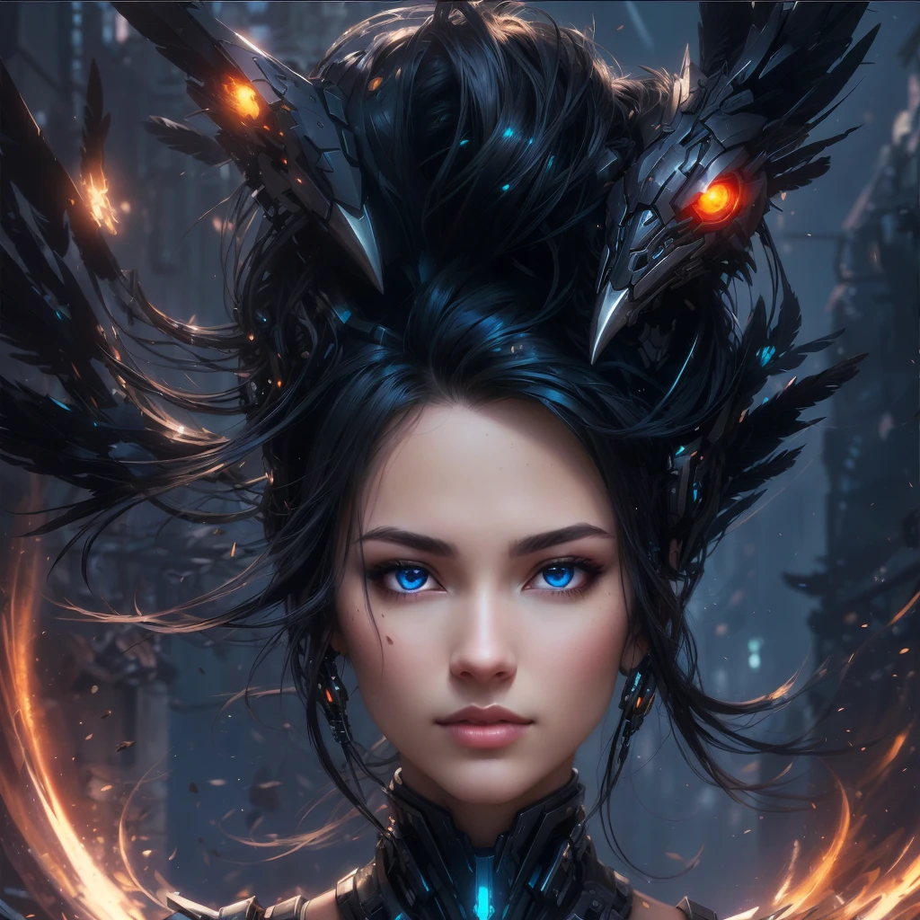 mecha raven style hairs, steel mechanical raven head with hairs, sci-fi, a close up of a woman - sci-FI  with a sci fiorer on her face, Mechanical raven IN HAIRS, glowing light feathers in hairs, fiol glowing eyes, hd , cinematic, cinematic light, dinamic, rossdraws portrait, fantasy concept art portrait, wojtek fus, rossdraws 2. 0, rossdraws 1. 0, rossdraws digital painting, epic fantasy digital art style, cgsociety portrait, rossdraws global illumination, :: rossdraws, alexandra fomina artstation