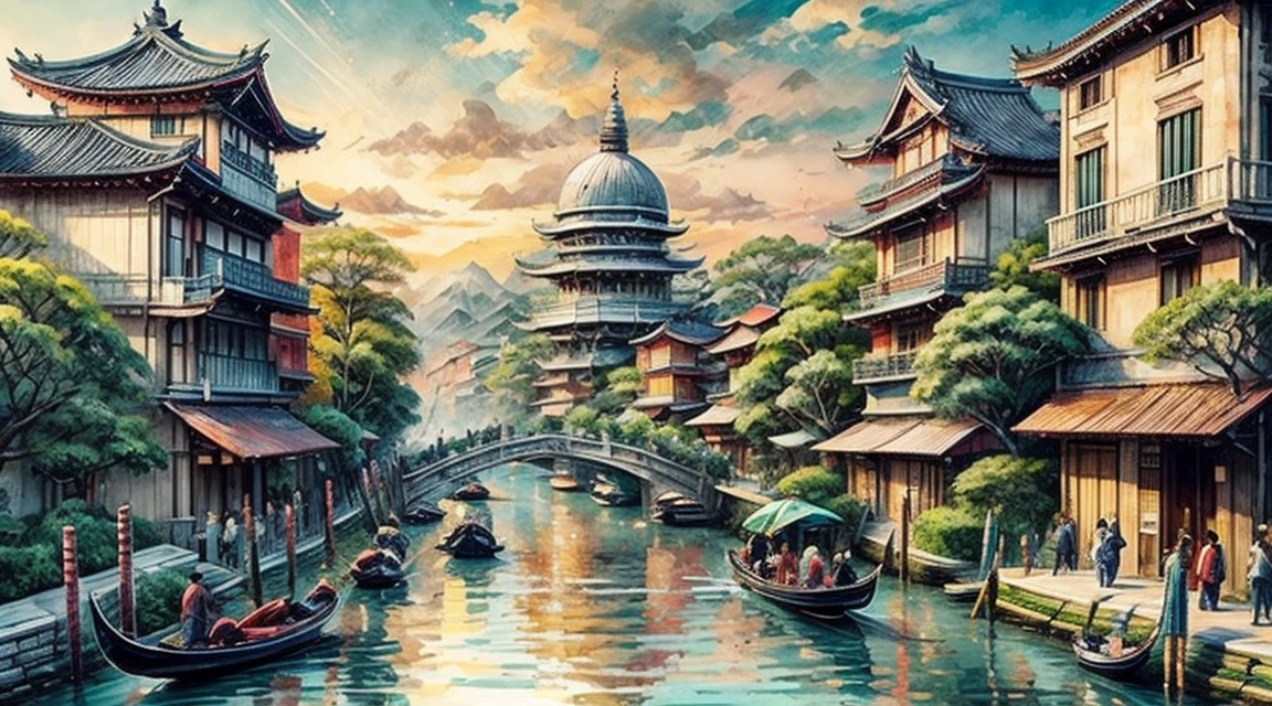 busy asian shops japanese style with a river canal like venice in the middle focal point big rounded pagoda epic scale