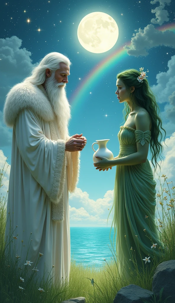 white bearded man white as snow with white furry white tunic and green grass woman holding white pitcher ice green grass skin green body from the front , blue sea background sea water, the sun stars rainbow on top of the image and moon below the image