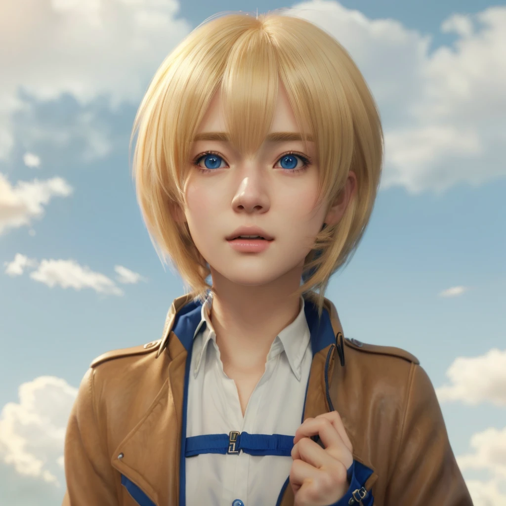 Blonde with blue eyes、Girl in brown jacket, Anime CG style, Photorealistic Animation girl render, Anime CG, Realistic Anime 3D Style, Ultra realistic anime, 3D Anime Real, Photorealistic Animation, 8K Portrait Rendering, Anime Realism style, Cute 3D anime girl render, Anime Realism, Smooth anime CG art, Realistic young anime girl