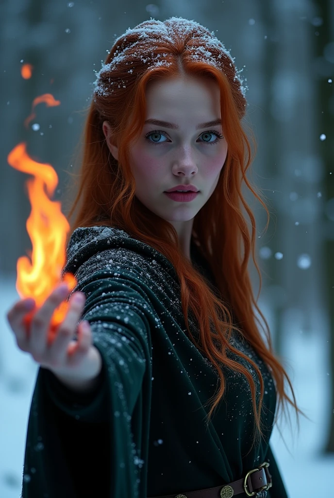 20 years old, break, 8K, Best Quality, 1girl, (skindentation), Night, (Dark), frozen forest behind, blizzard behind, Gorgeous, (Middle-earth, sexy sorceress clothes), Soft Lighting, Attractive, (Mouth Closed, Beautiful Eyes, Detailed Eyes, Detailed Iris, Beautiful Lips, Beautiful Nose, Beautiful Face), full body casting a spell, snowing, dark night, winter, Lina Inverse, fire spell, redhead.
