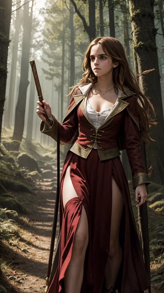 Emma Watson as Hermione Granger, ((Long Hair)), (Big Breasts), in Red Slit clothes walking in forest happy holding magic stick