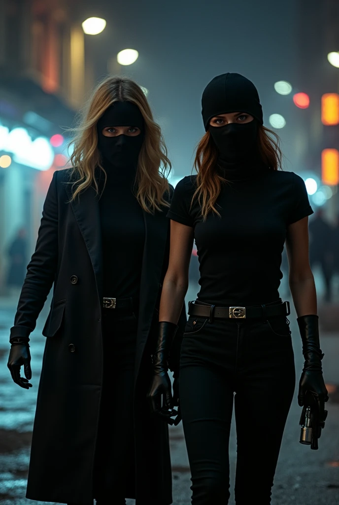 scarlett johansson and natalie portman wearing a balaclava and wearing lons leather gloves and stealing a car