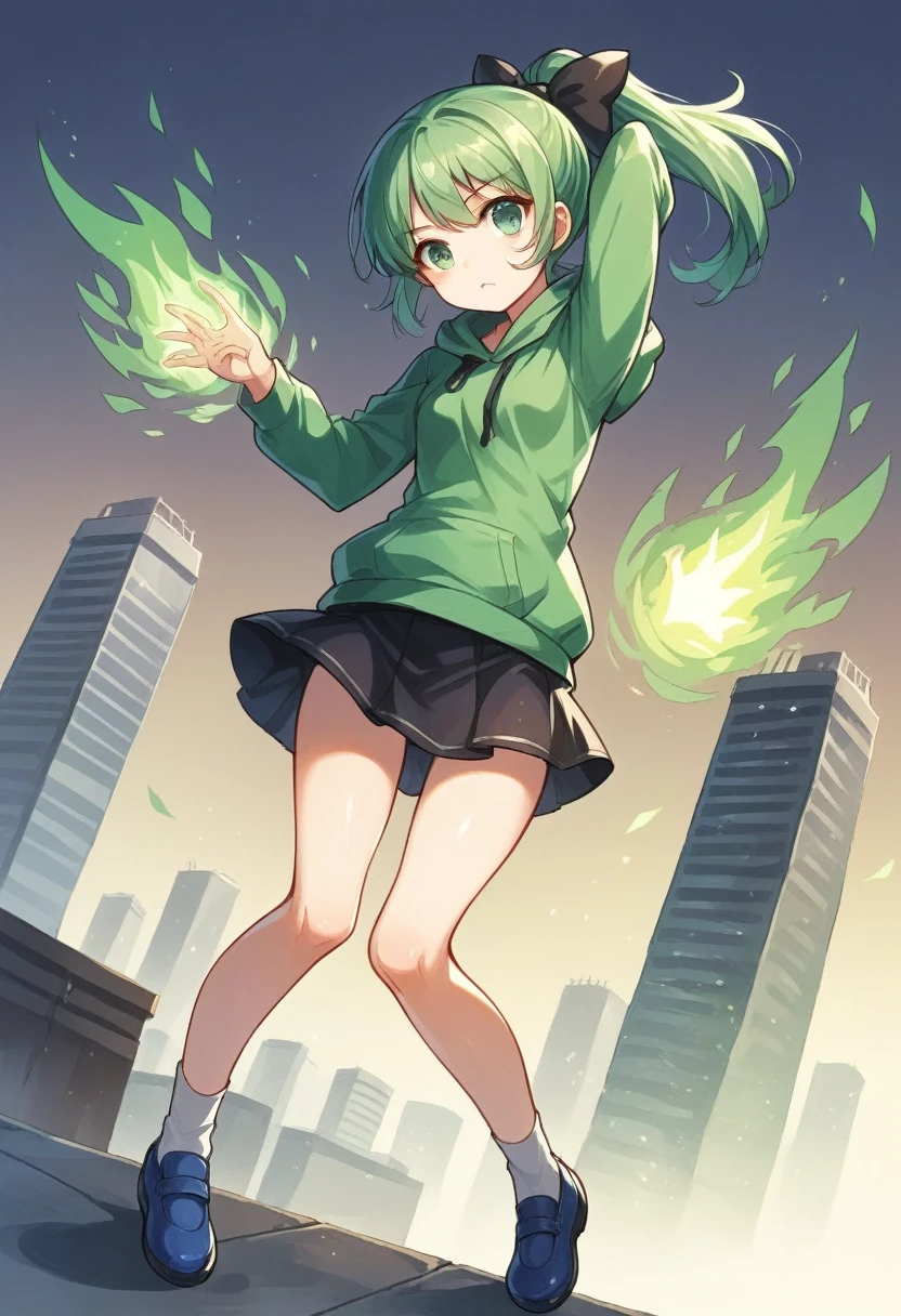 A young anime girl, green hair, ponytail, Black bow ((behind head)), green eyes, green hoodie, black skirt, White socks, blue shoes, city background, 2010s, time theme, time magic, time powers, green energy, green magic.