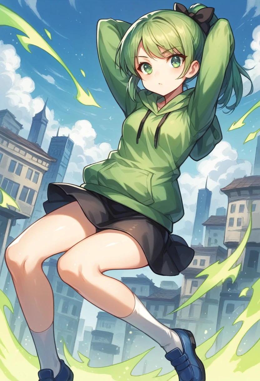 A young anime girl, green hair, ponytail, Black bow ((behind head)), green eyes, green hoodie, black skirt, White socks, blue shoes, city background, 2010s, time theme, time magic, time powers, green energy, green magic.