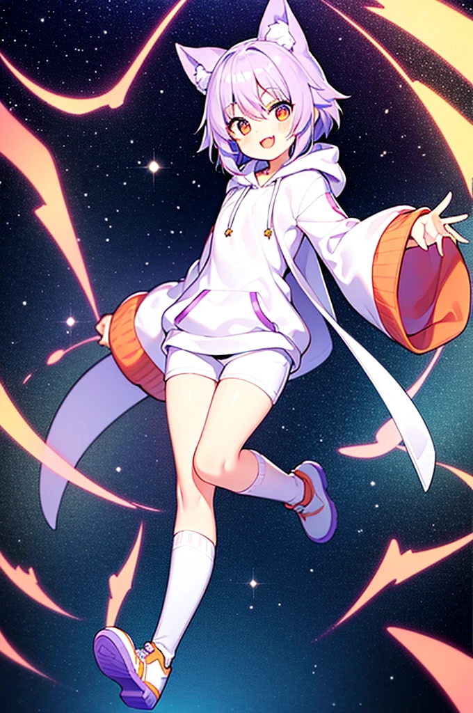 Full body portrait，3 heads，cute，boy，Light purple hair，Orange Eyes，Cat ear，Around 16 years old，White hoodie outfit，Mouth open，smile，Moe sleeves，