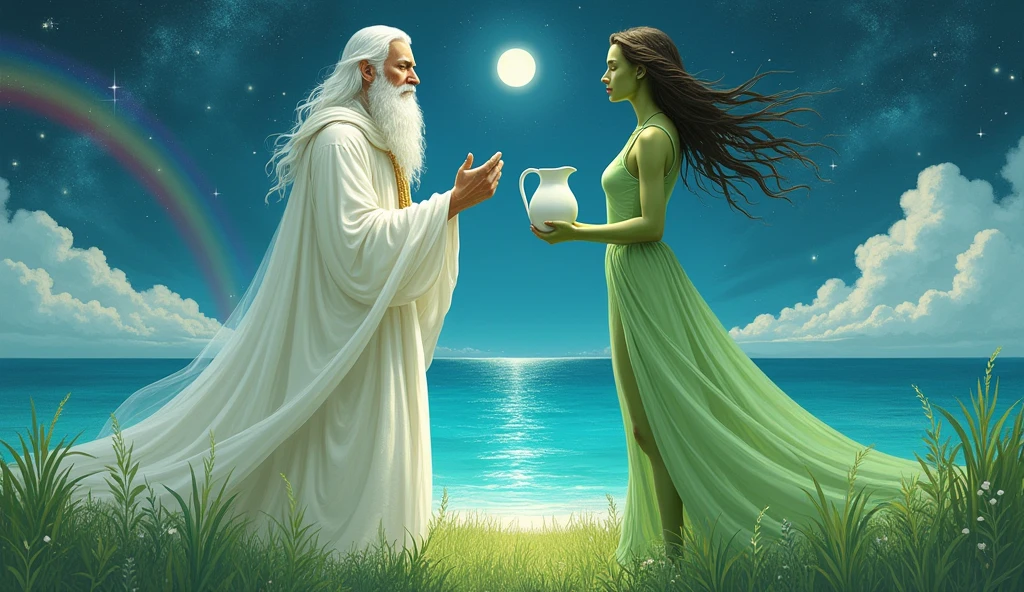 white bearded man with white furry white tunic and green grass woman green grass skin green body front view , blue sea background sea water, the sun stars rainbow on top of the image and moon below the image