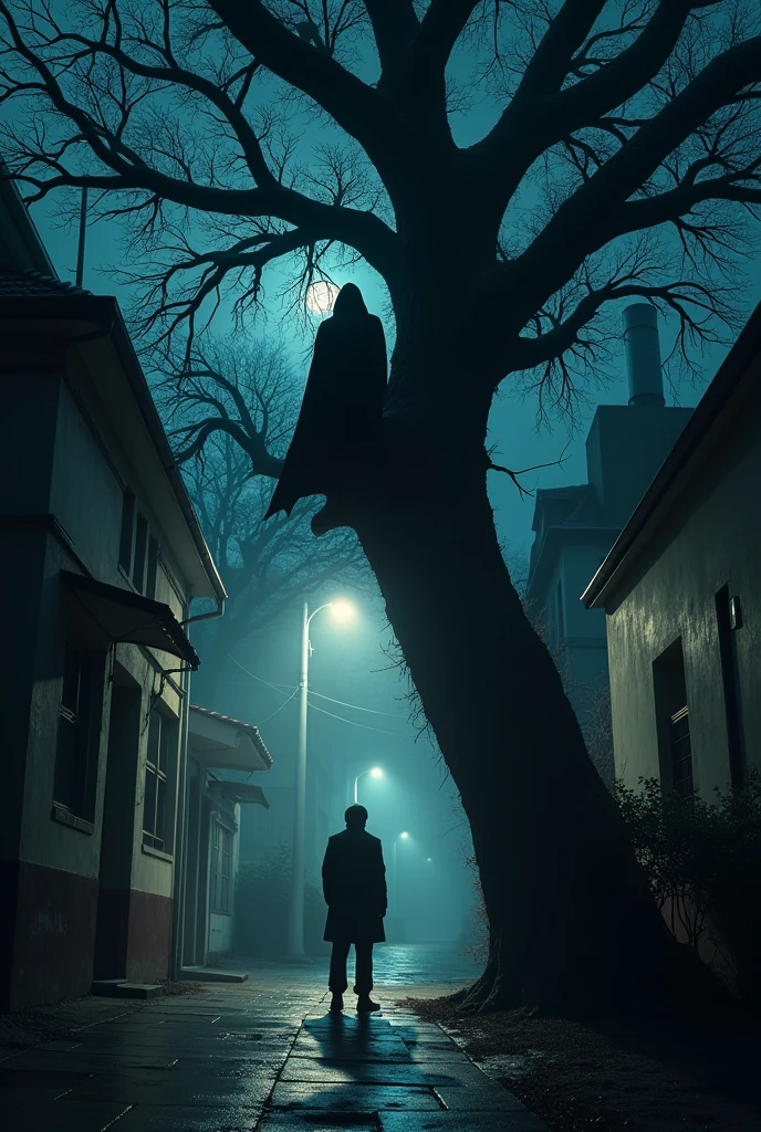 A man in a tree scaring a person passing by late at night