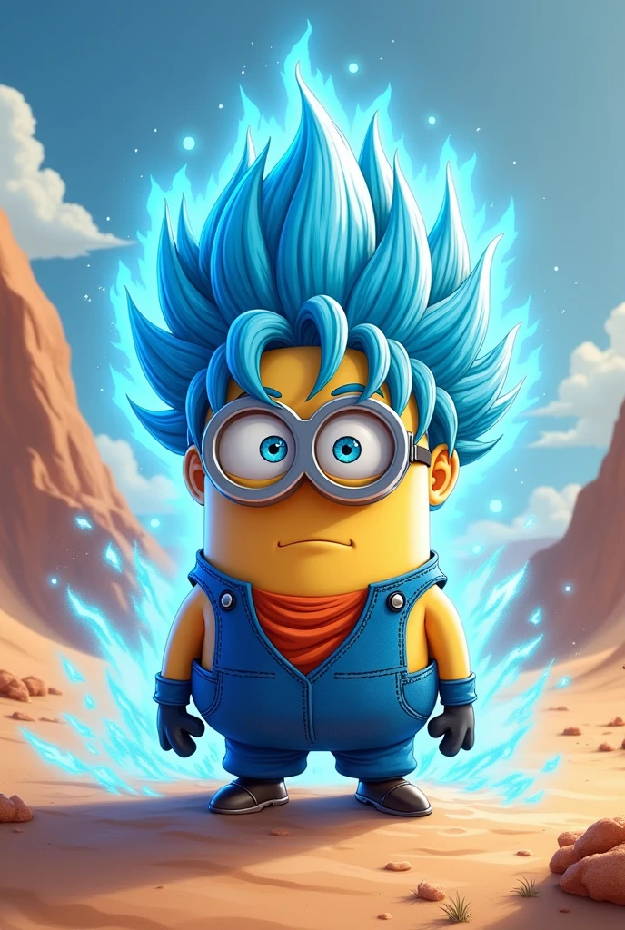 Draw a super saiyan blue Minion in the desert with blue auras around 