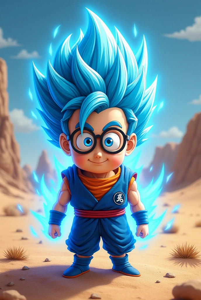 Draw a super saiyan blue Minion in the desert with blue auras around 