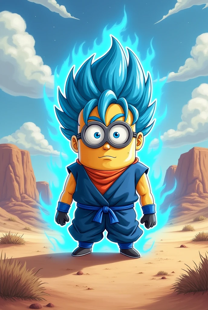 Draw a super saiyan blue Minion in the desert with blue auras around