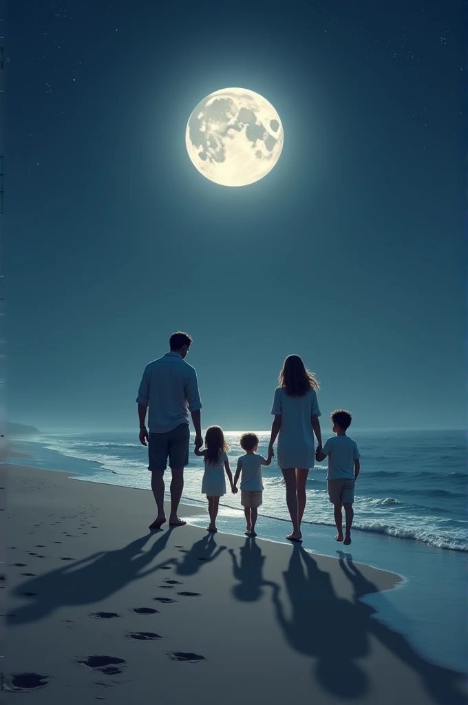 Man walking at night with a full moon on the beach with his wife and 3 children 