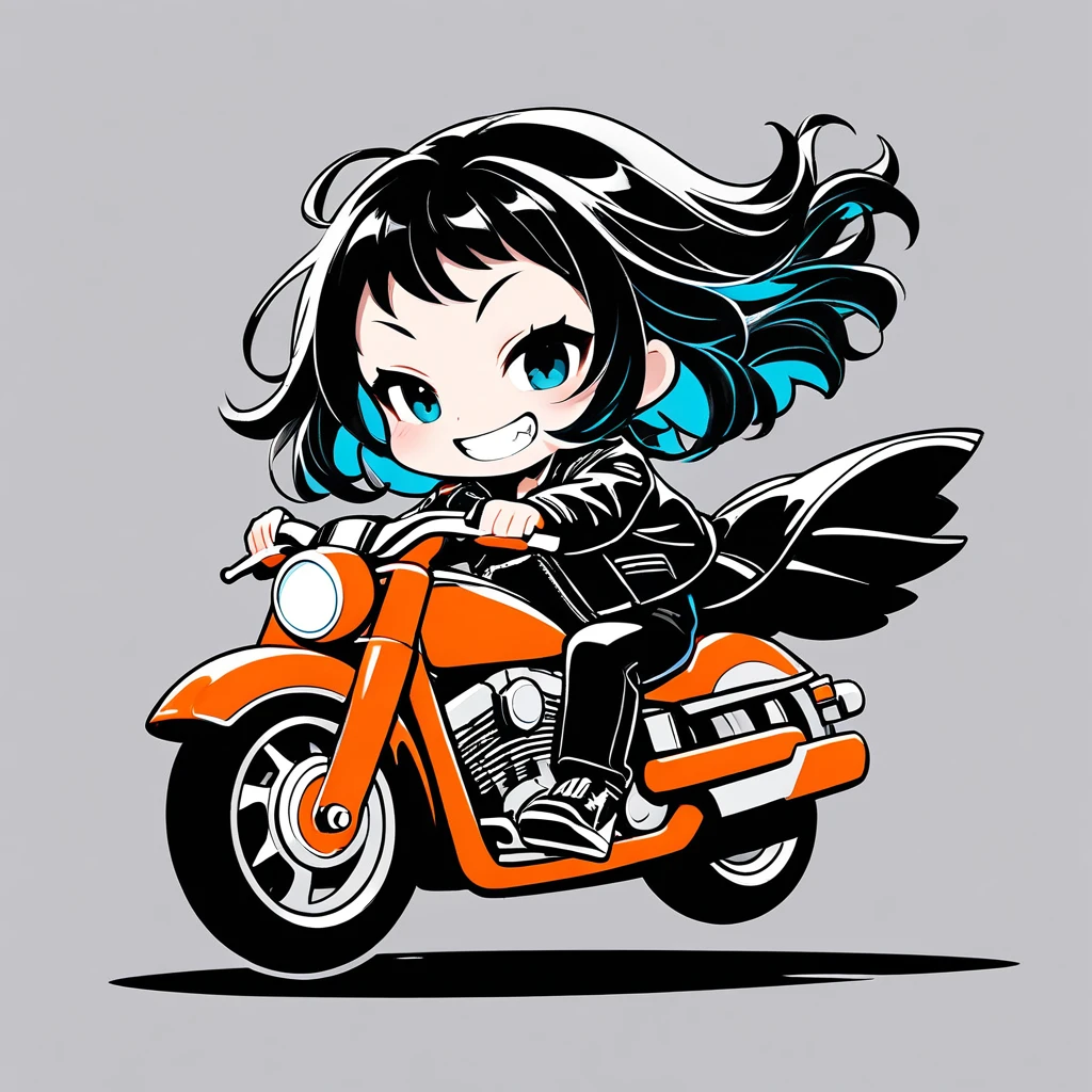 ultra-small deformation, Chibi Cute, 1girl, solo, full body, Black Leather Jacket and pants, riding a Harley-Davidson motorcycle, grin, fluttering hair, High contrast and vivid color, simple background