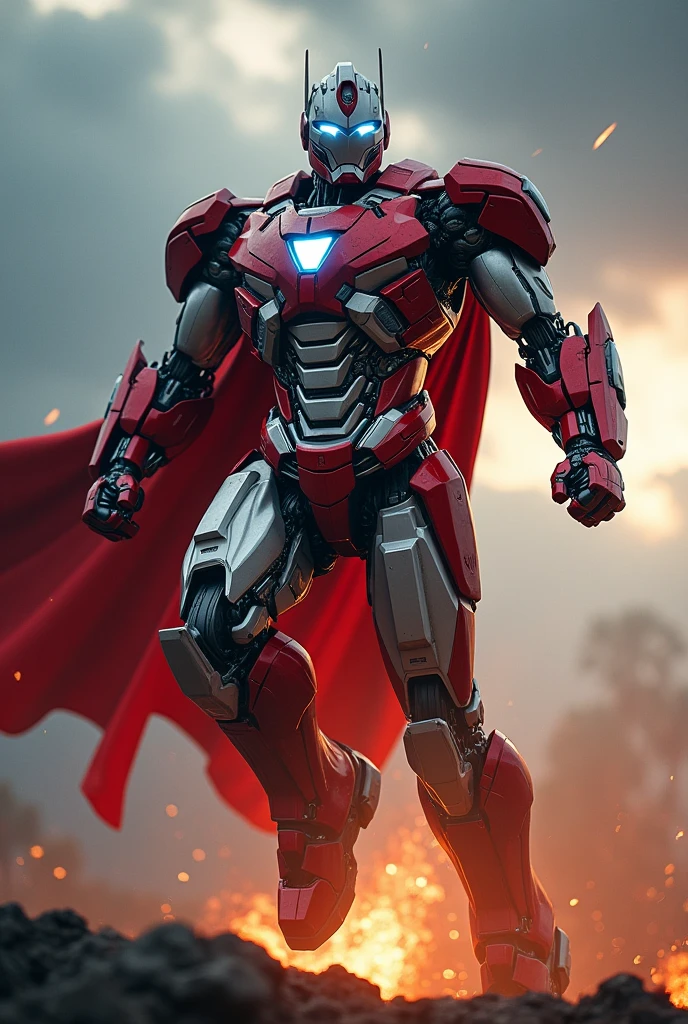 Batman iron man. Superman. Ultraman Red white armor. Mediva concept. Samurai Optimus Prime, robot warrior, leaping against dark cloudy sky, intense battle background, dynamic explosion effects, cinematic lighting, highly detailed, 8K, (best quality,4k,8k,highres,masterpiece:1.2),ultra-detailed,(realistic,photorealistic,photo-realistic:1.37),epic action scene,dramatic pose,intricate mechanical design,glowing energy,sparks,dust,devastation,cinematic angle,dramatic lighting