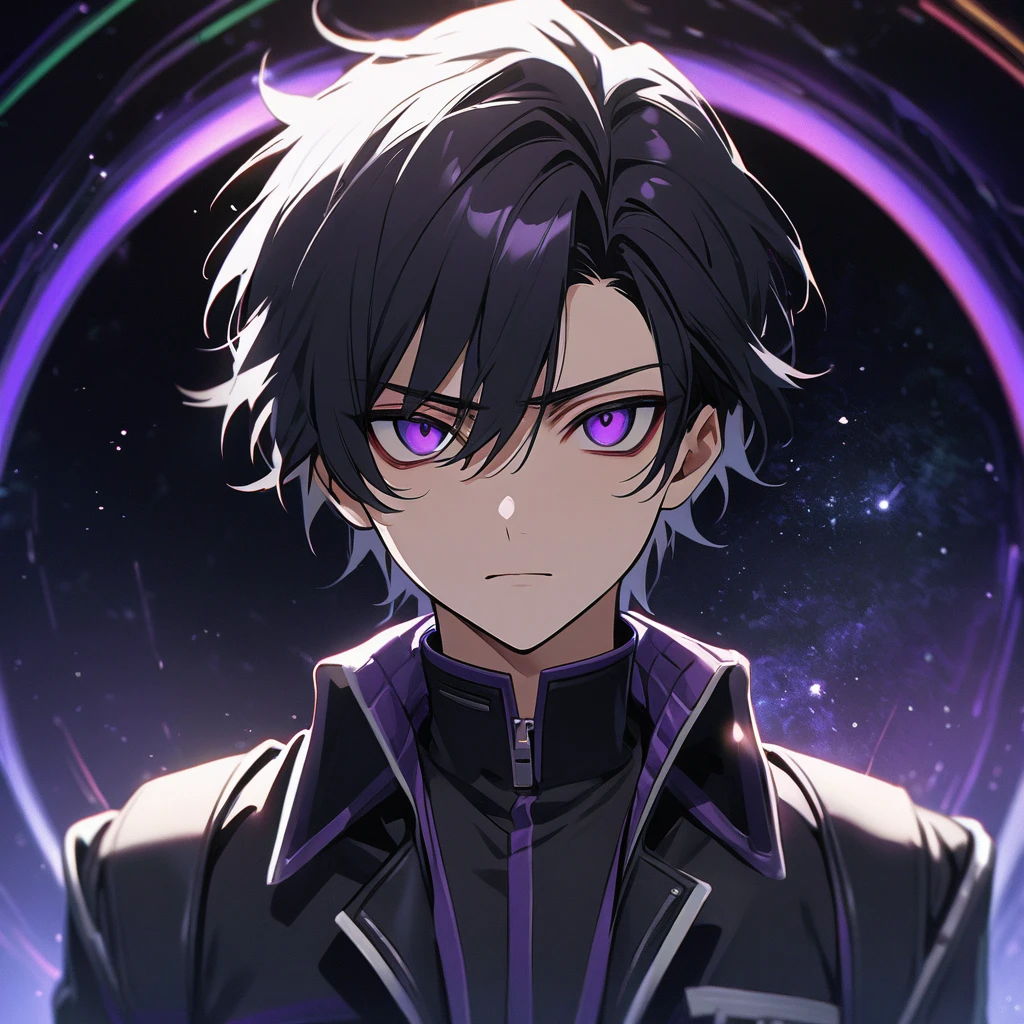 High quality, HD, 4k, no shadows, handsome male, handsome, 1male, 17 years old, teenager, jet black hair, short black hair, dark hair, black hair, jet black hair, sharp eyes, deep purple colored eyes, dark purple colored eyes, deep purple eyes, purple eyes, devil may cry, close up, calm expression, stoic expression, black leather clothes, white leather clothing, lean body, well trained body, upper body, looking at viewer, cowboy shot, white solar, space background