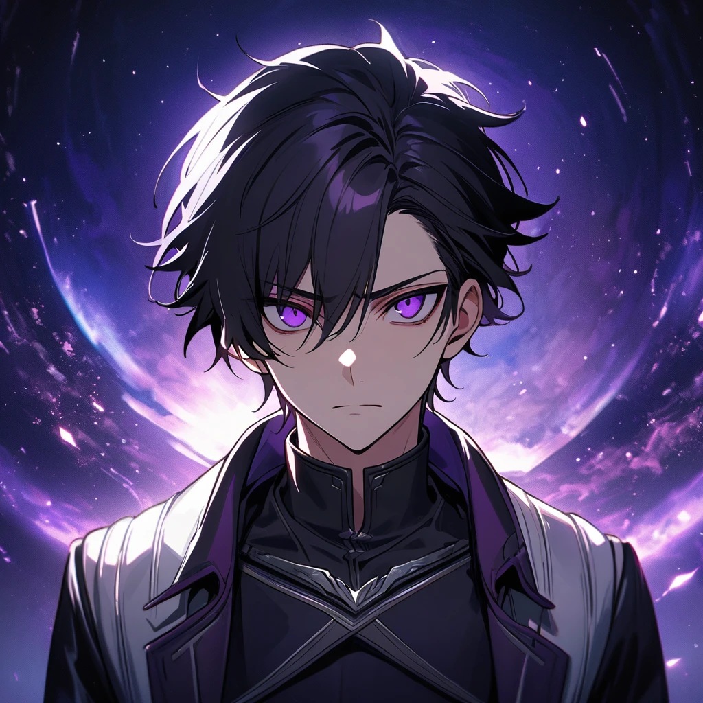 High quality, HD, 4k, no shadows, handsome male, handsome, 1male, 17 years old, teenager, jet black hair, short black hair, dark hair, black hair, jet black hair, sharp eyes, deep purple colored eyes, dark purple colored eyes, deep purple eyes, purple eyes, devil may cry, close up, calm expression, stoic expression, black leather clothes, white leather clothing, lean body, well trained body, upper body, looking at viewer, cowboy shot, white solar, space background