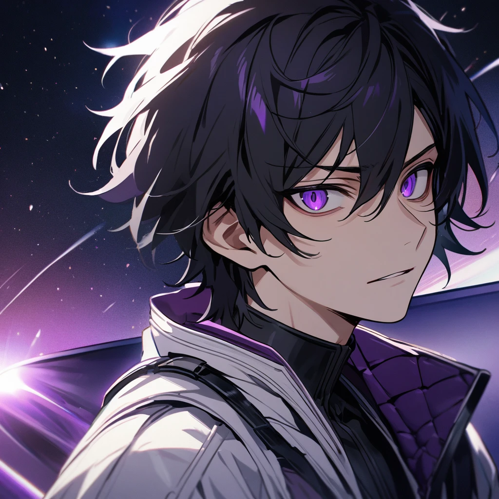 High quality, HD, 4k, no shadows, handsome male, handsome, 1male, , teenager, jeack hair, short black hair, dark hair, black hair, jet black hair, sharp eyes, deep purple colored eyes, dark purple colored eyes, deep purple eyes, purple eyes, devil may cry, close up, calm expression, stoic expression, black leather clothes, white leather clothing, lean body, well trained body, upper body, looking at viewer, cowboy shot, white solar, space background