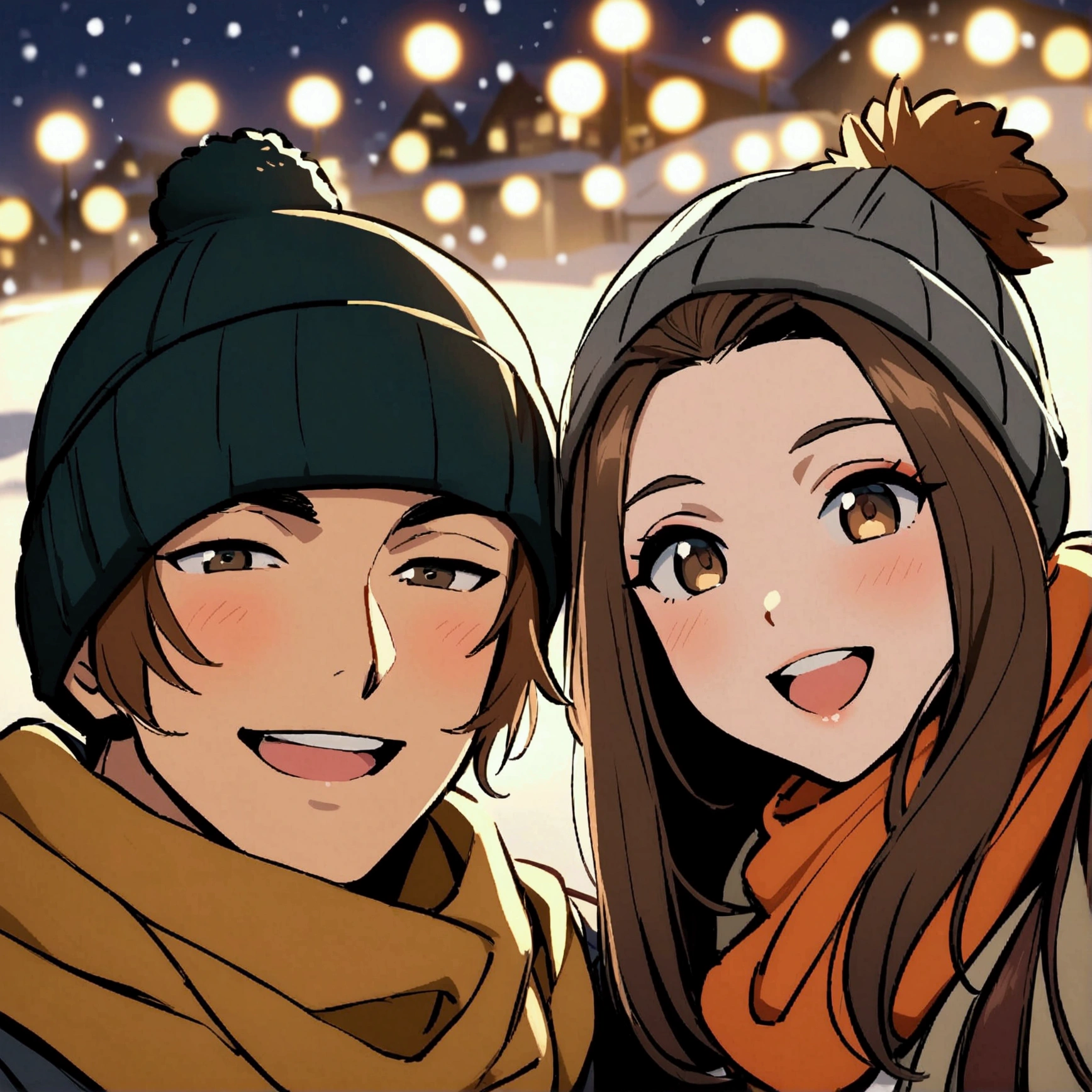 Selfie, night, snow, brown hair, scarf, beanie, selfie with a black hair male