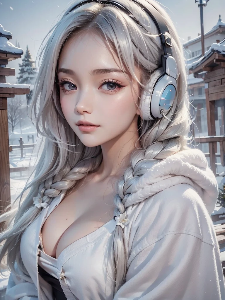 ((face, style)).(Upper body portrait:1.5)((masterpiece:1.5))((alone、Woman wearing giant headphones:1.5、Detailed face、Big Eyes、Bright expression、small breasts, cleavage、Best Looks、Ultimate beauty、Shiny silver hair with highlights、明るい and shiny hair,、Modern Hairstyles、Hair dancing in the wind))(morning、indoors)Please look away from here、Beautiful profile、winter