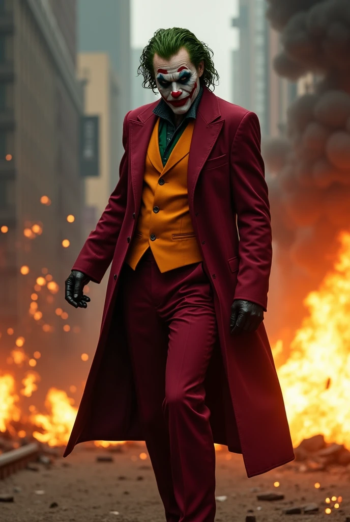 Joker form DC series, full body, action scenes, flame, explosion, smoke, destroy, formal suit, extremely-detailed CG unity 8K wallpaper, Villains, masterpiece, cinematic, film grain,((( with title of "STRONG!")))