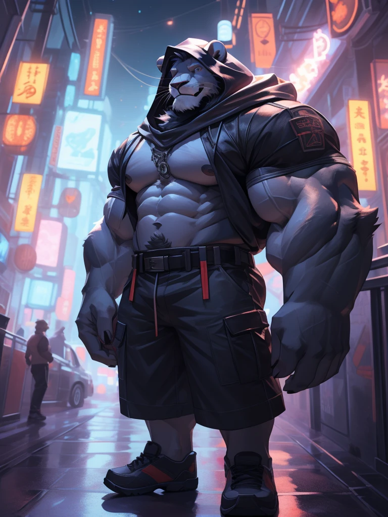 Solo, 1boy, perfect anatomy, lion, furry lion, perfect proportion, (cyberpunk style, hood, black cloak, neon lights), perfect center, sharp eyes, big eyes, peaceful, eyes, halo, (smile, happiness), calm, perfect fingers, big hand, fingers. Huge Muscular Old man with short hair, shoes, (cargo shorts), view from side, pectoral, thick arms, huge pectoral, wide pectoral, white hair, white beards, simple background, masterpiece, semirealistic:1.2, high detailed, 8k, high resolution, perfect center, full view. ((really big muscle, massive muscular, sixpack, thick arms, wide pectoral, super huge muscle, hyper muscular, over sized muscle, huge arms, big arms, huge pectoral))