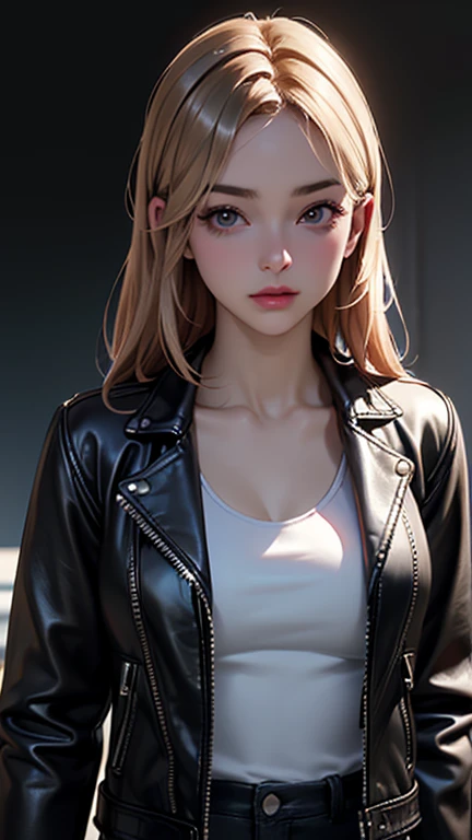 best quality, high quality, ultra quality, 8k, masterpiece, detailed, extremely detailed, insanely detailed, ultra detailed, ultra highres ,exquisite,
lifelike Images,cinematic experience,UHD picture,Realistic,photorealistic,hyperrealistic,vivid,RAW photo,shot by DSLR, One girl, (black leather jacket:1.3), white tank top, black leather pants,