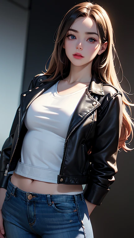 best quality, high quality, ultra quality, 8k, masterpiece, detailed, extremely detailed, insanely detailed, ultra detailed, ultra highres ,exquisite,
lifelike Images,cinematic experience,UHD picture,Realistic,photorealistic,hyperrealistic,vivid,RAW photo,shot by DSLR, One girl, (black leather jacket:1.3), white tank top, black leather pants,