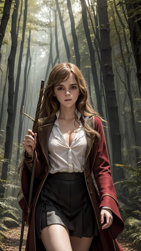 Emma Watson as Hermione Granger, ((Long Hair)), (Big Breasts), in Red Slit clothes walking in forest happy holding magic stick