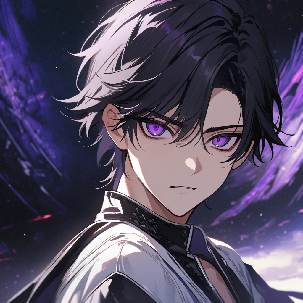 High quality, HD, 4k, no shadows, handsome male, handsome, 1male, s old, teenager, jet black hair, short black hair, dark hair, black hair, jet black hair, sharp eyes, deep purple colored eyes, dark purple colored eyes, deep purple eyes, purple eyes, devil may cry, close up, calm expression, stoic expression, black leather clothes, white leather clothing, lean body, well trained body, upper body, looking at viewer, cowboy shot, white solar, space background