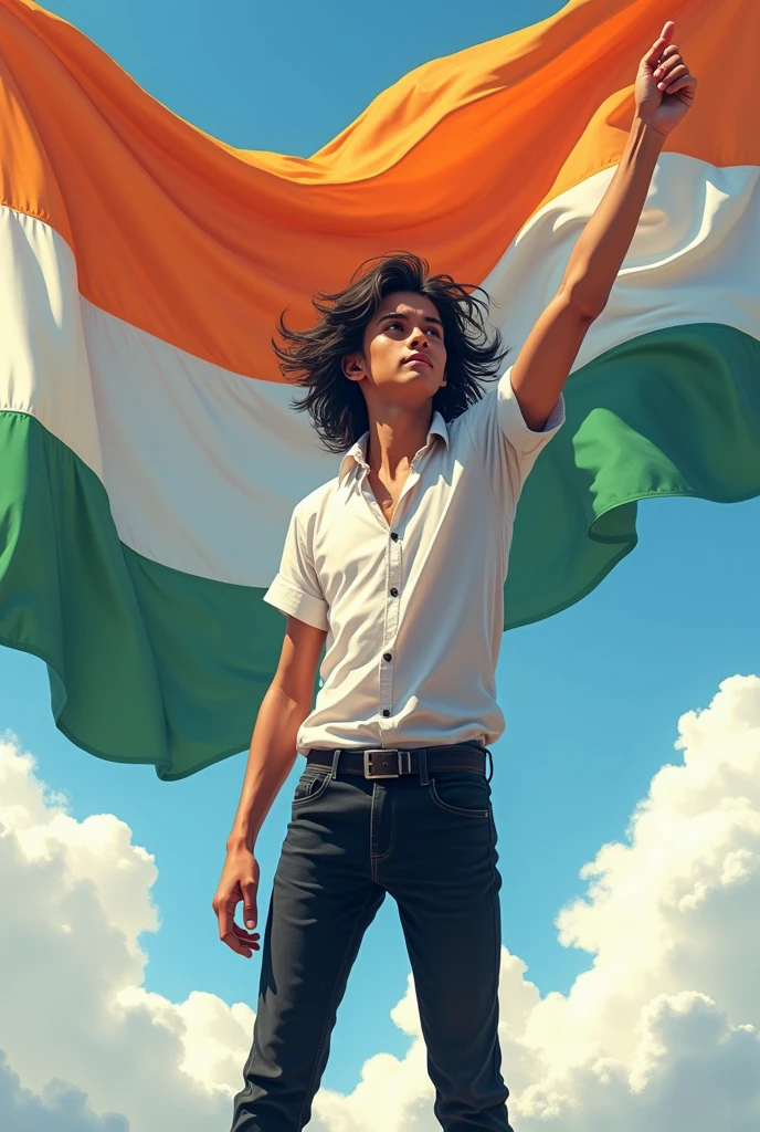15 August , A Boy, White Shirt And Black Jense ,Long Hair , Get Hand To Flag
Name - Aakash