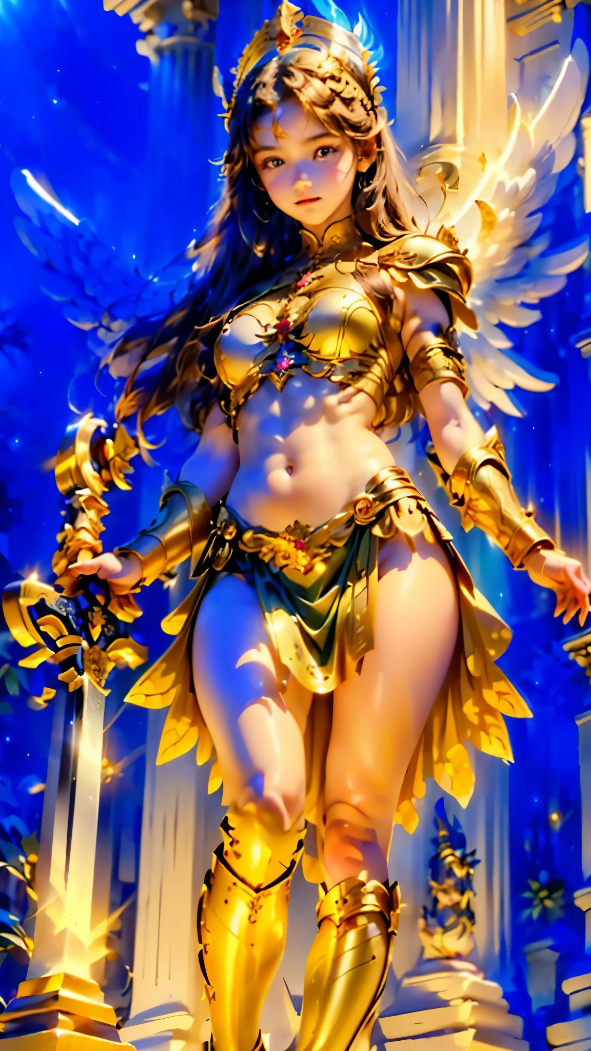 arafed girl in a gold outfit with a sword and wings, angelic golden armor, venus godness athena, angel knight girl, beautiful goddess, golden goddess athena, beautiful female angel, anime goddess, goddess. extremely high detail, full - body majestic angel, cinematic goddess body shot, tall female angel, artgerm julie bell beeple, greek goddess athena, (hyper realistic:1.4), (realistic:1.3), (best quality real texture skin), Detailed eyes, detailed face, PERSEPHONE, (SFW:1.5) Hyperrealistic, LESS saggy breasts, (SMALL BREASTS:1.5), (HUGE LEGS:1.5), (LESS THIGHS:1.5), pernas perfeitas, pernas perfeitas, pernas lisas, pernas lisas e perfeitas, pernas torneadas, coxas torneadas, pernas lisas, coxas lisas. (pose erótica:1.5), (sobrancelhas espessas:1.2), (Grandes olhos roxos:1.2), (olhos ultra detalhados:1.4), (Olhos de alta resolução:1.1), (textura de pele ultra detalhada:1.4), (Belo corpo tonificado:1.1), arco de cabelo, (Pele úmida:1.1), (rosto sensual:1.5), (tan, muscular, loli, , child, , toddlers, sd character:1.5), full body:1.8), (upper body up:0.3),
