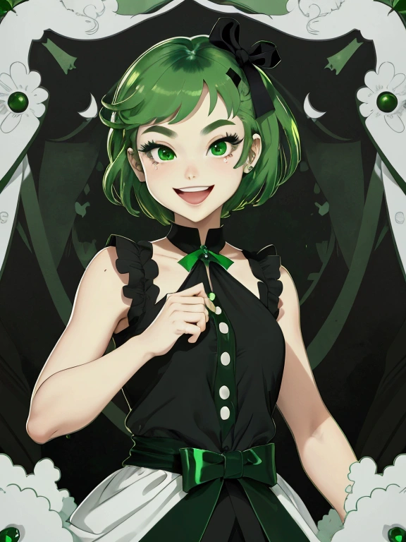 (Masterpiece: 1.1 points), (First Class: 1.1 points), (Perfect Face: 1.1 points), (Attention to Detail: 1.1 points), Unique, (Healthy Skin), Cartoon, Deformed, Full Body, Small Baku, White Skin, (Dark Green Shiny Hair), (Bright Green Tips: 1. 1 points), (Large Side black ribbon), green eyes, white top, green buttons on black string, top under black tank, (smiling with wide open mouth in cartoon style), no teeth showing, looking at camera, close-up of front face, background, plain,