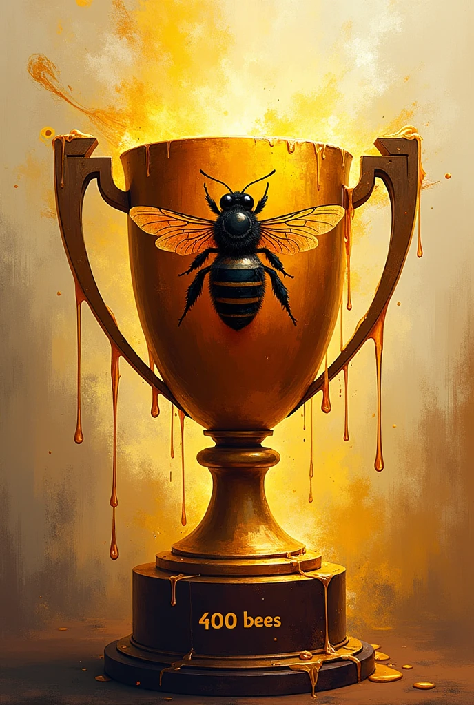 A logo with a trophy dripping honey with a queen bee sitting in it with the text "400 bees" written on the trophy. Make sure to have chaotic abstract art as the background