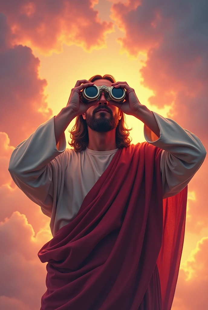 Jesus Christ with binoculars with a wonderful sky in the background