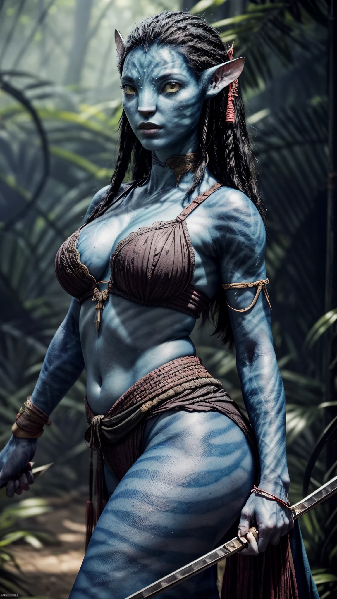 (masterpiece, best quality, high quality), RAW photo, (good body, good proportion, good anatomy, good fingers, good hands), detailed skin, detailed face, blue skin:1.2, pointy ears, Neytiri, avatar \(movie\), bracelet, yellow eyes:1.4, jewelry, portrait, (full japanese kimono, cleavage, depth of field photo of (sks woman:1), standing, action pose, holding a kitana sword, samurai style, forest setting, Large breasts, thick thighs, curvy hips