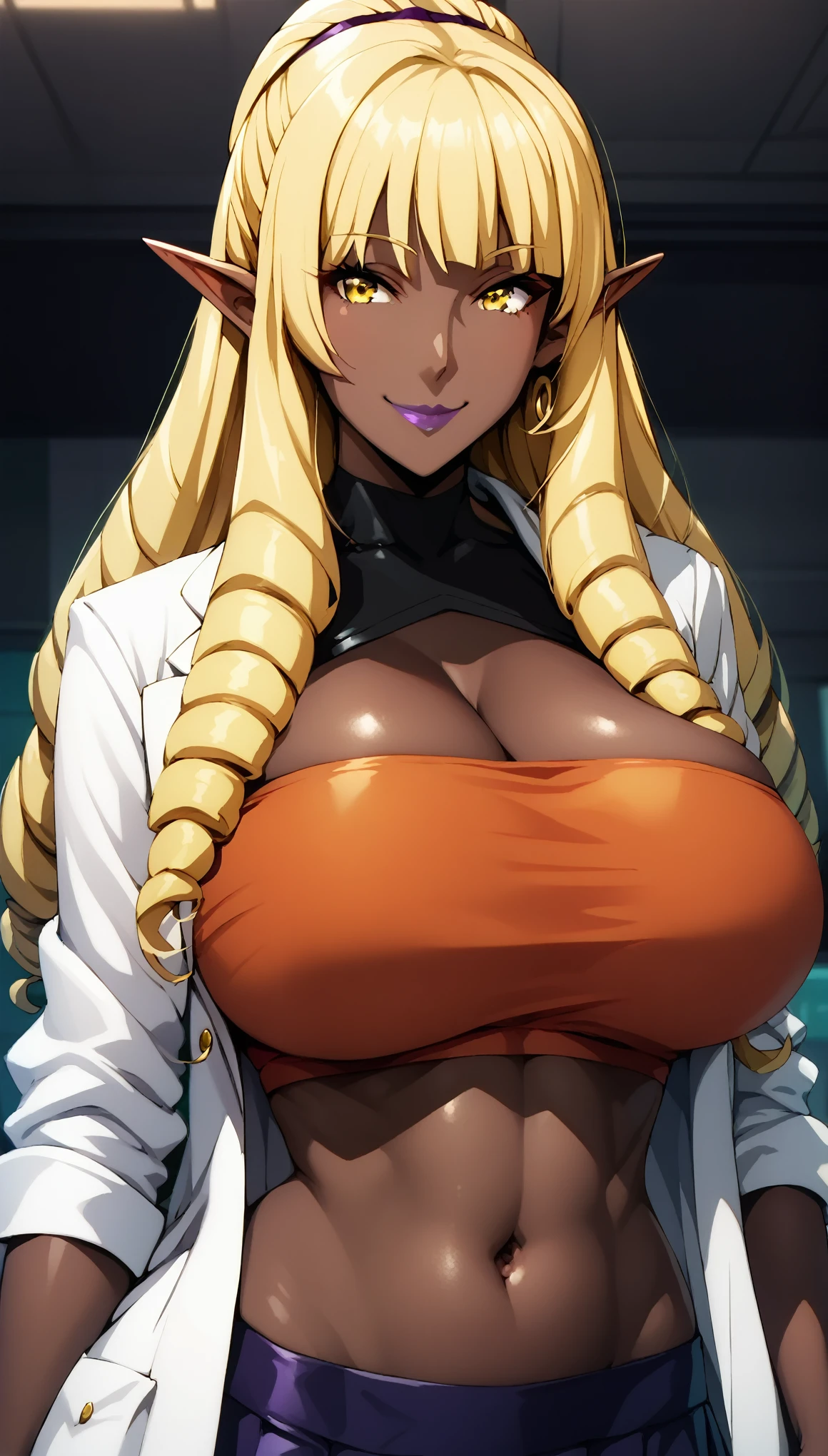 masterpiece, score_9, score_8_up, score_7_up, source_anime, best quality, extremely detailed, 1girl, milf, solo, (dark skin, black skin:1.8), BREAK rose oriana, (huge breasts), ((((blonde hair), long hair, drill hair, yellow eyes, pointy ears))), purple lips, (((lab coat, tube top, crop top, navel, medium skirt))), ((naughty smile), closed mouth), ((indoor))