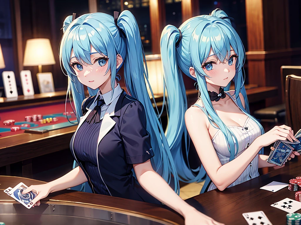 Light blue long hair　beautiful girl with twin tails　playing card games at a casino　
