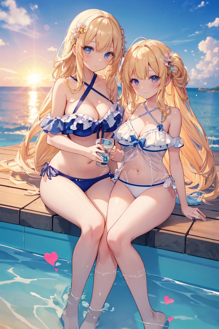 (Two Girls, Stylish long blonde hair, color, 詳細な紫colorの目, Sparkling Eyes, Heart Pupil, ), E Brest, Cleavage, Cute Sleeping, Ears and tail of the animal, (Sexy and beautiful swimwear, Floral swimsuit, In a hotel pool, drinking, Soak your feet in water), hot, The sea in the background, sunset, Abusing lens flares, color収差, Attention to detail, anime, About Art, Depth of written boundary, Motion Blur, Shining Light, Film Grain, 超High resolution, retina, Accurate, masterpiece, Anatomically correct, Textured skin, Super Detail, Attention to details, high quality, Awards, 最high quality, High resolution, 16K, (Camera angle: Wide-angle)